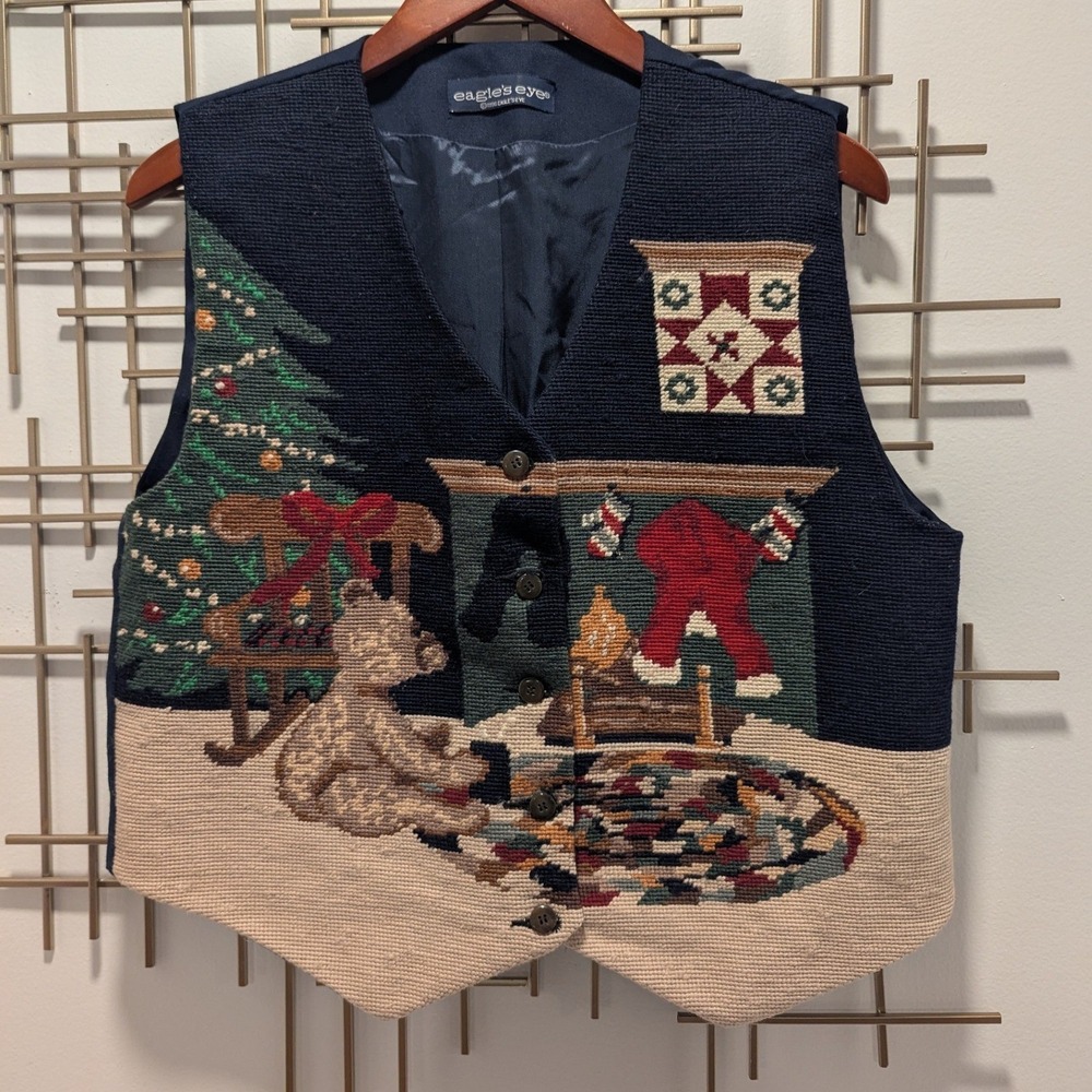 VTG‎ 96 Eagle's Eye Needlepoint Vest Teddy Bear Christmas Tree Fireside Tapestry